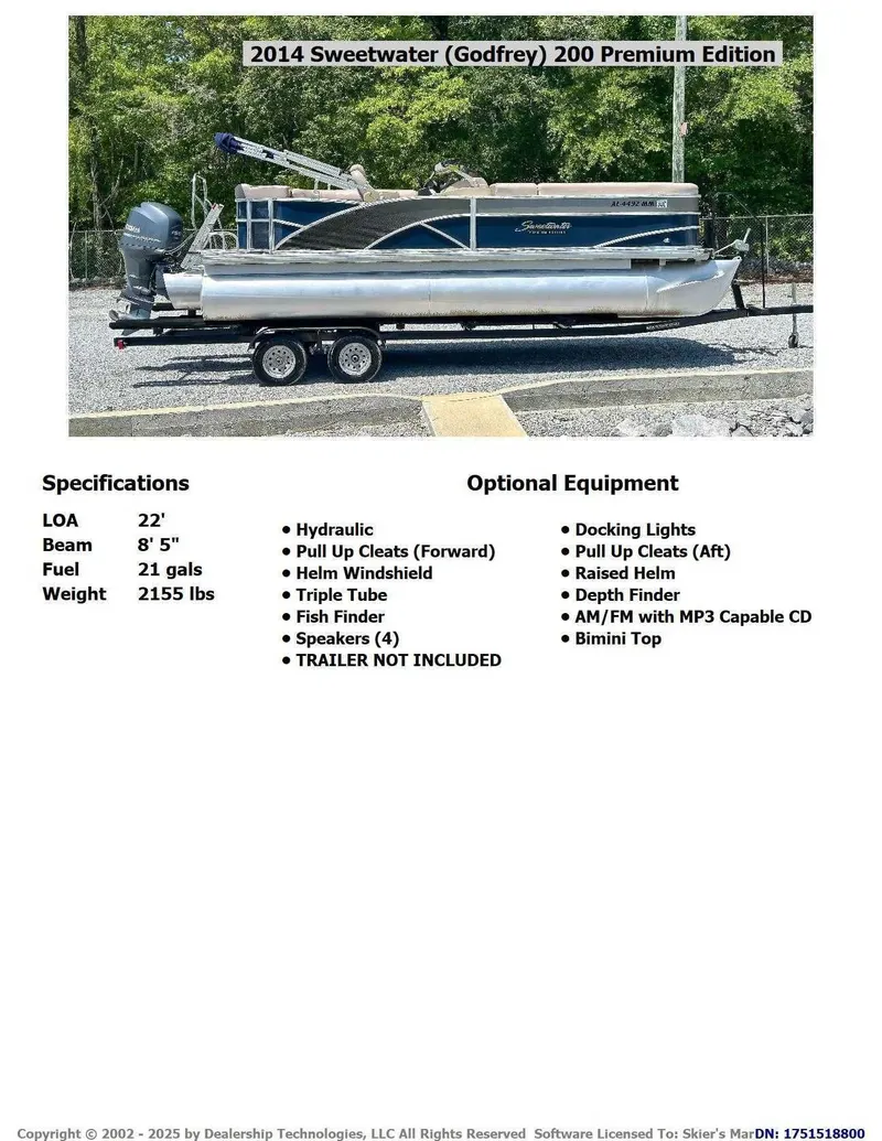 Slide: The Image of 2014 Sweetwater 200 Premium Edition pontoon boat with specifications and optional equipment. - 2
