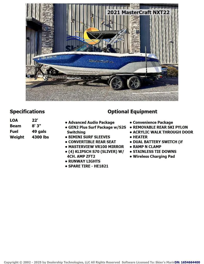 Slide: The Image of 2021 MasterCraft NXT22 boat with specifications and optional equipment. - 2