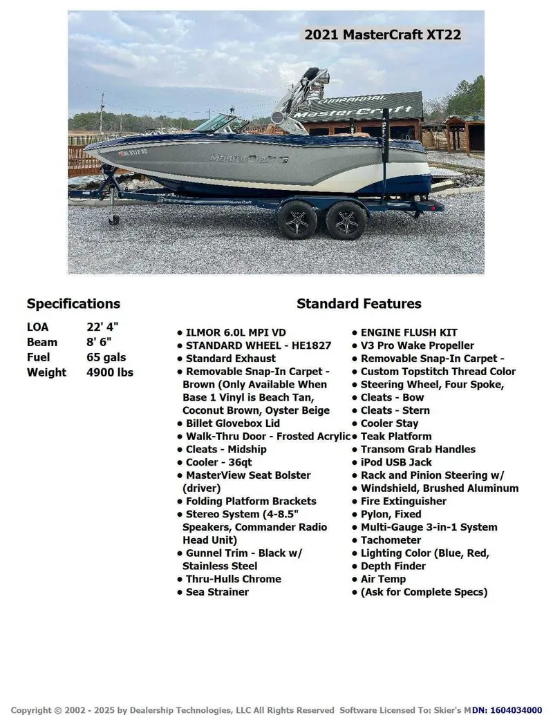 Slide: The Image of 2021 MasterCraft XT22 boat with specifications and features listed. - 2