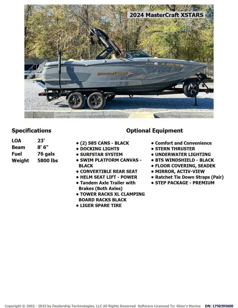 Slide: The Image of 2024 MasterCraft XStarS boat with specifications and optional equipment. - 2
