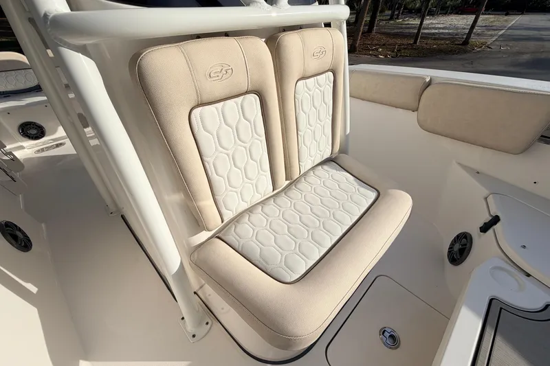 Slide: The Image of 2022 Sea Fox 228 Commander boat seat with beige and white upholstery. - 42