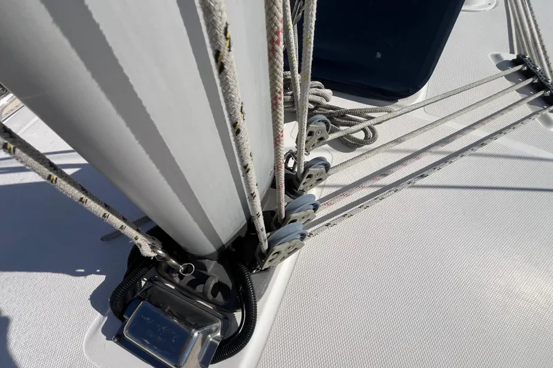 Slide: The Image of Close-up of 2008 Hunter 36 sailboat rigging and deck details. - 11