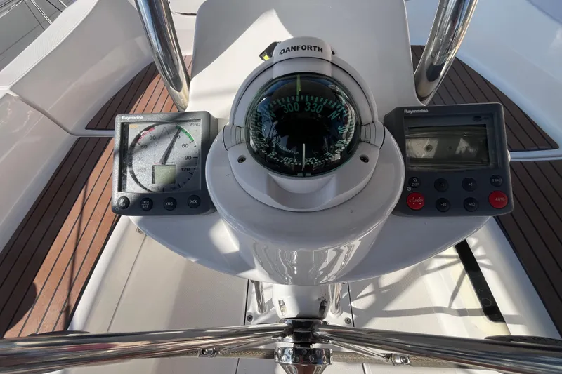 Slide: The Image of Cockpit of 2008 Hunter 36 sailboat with compass and Raymarine instruments. - 15