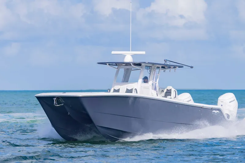 Slide: The Image of 2023 Invincible 35 Catamaran cruising on open water under a clear sky. - 10