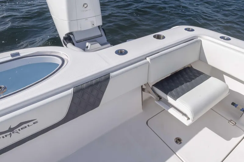 Slide: The Image of 2023 Invincible 35 Catamaran interior with seating and rod holders on the water. - 38