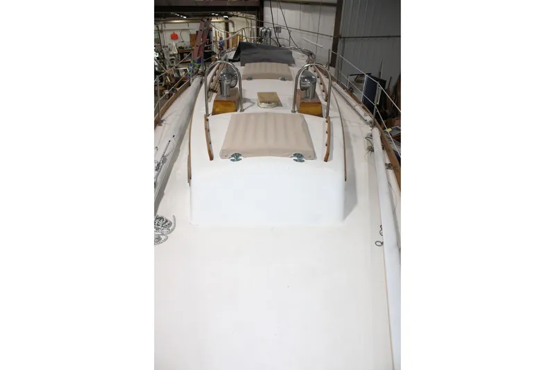 Slide: The Image of 1981 Bristol 40 sailboat deck view in a storage facility. - 14
