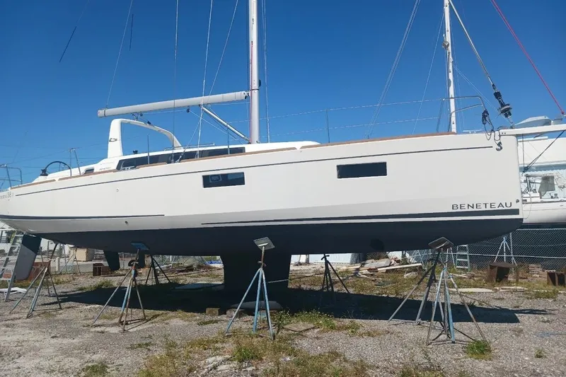 Slide: The Image of 2023 Beneteau Oceanis 38.1 sailboat on stands, ready for launch. - 93