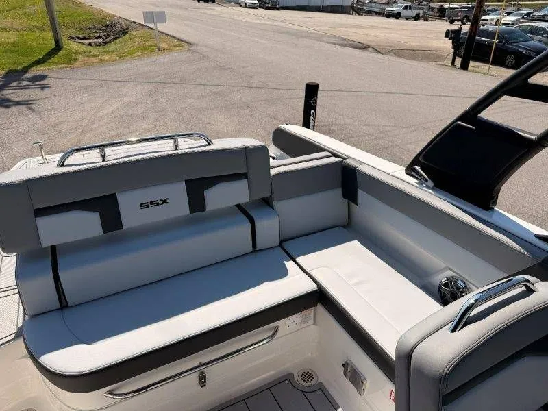 Slide: The Image of Interior of Chaparral SSX 4 boat, 2026 model, featuring gray upholstery. - 44