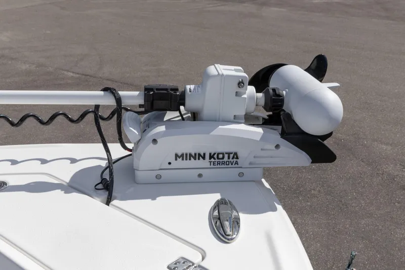 Slide: The Image of Minn Kota Terrova trolling motor on 2024 Crevalle 26 HCO boat deck. - 16