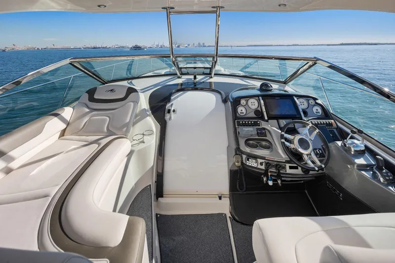 Slide: The Image of Luxurious 2012 Monterey 400 Sport Yacht cockpit with modern controls and ocean view. - 12