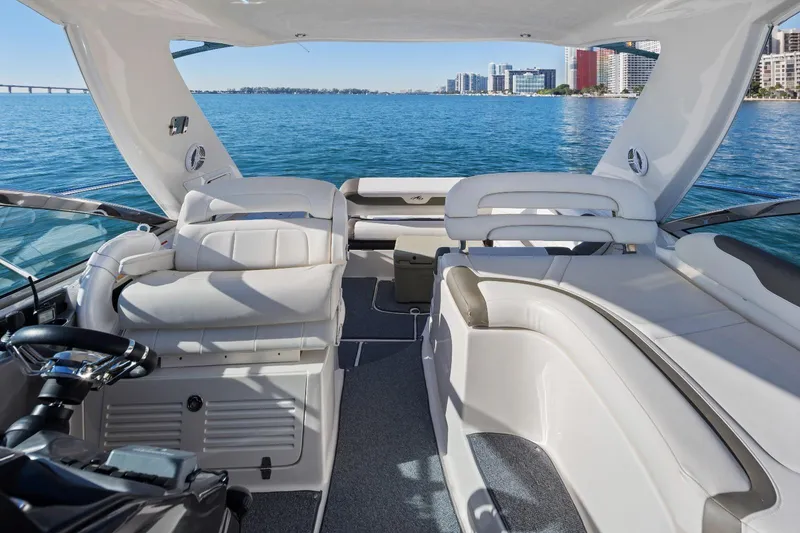Slide: The Image of Luxurious 2012 Monterey 400 Sport Yacht interior with scenic waterfront view. - 7