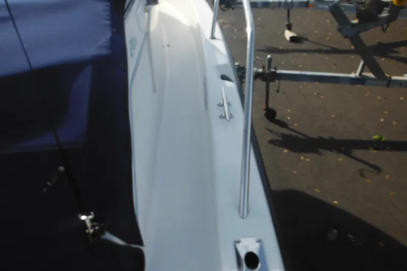 Slide: The Image of 1998 Pro-Line 201 Walkaround boat on trailer, side view with railing and cover. - 17