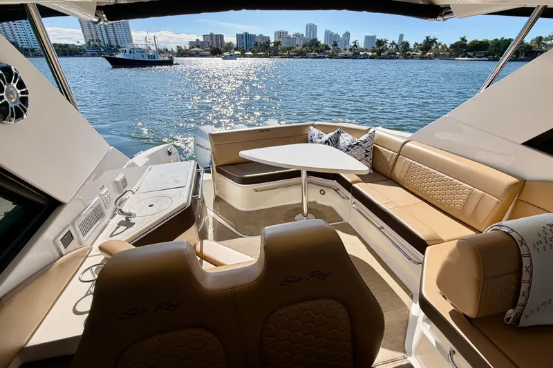 Slide: The Image of Luxurious 2022 Sea Ray Sundancer 320 yacht interior with waterfront view. - 28