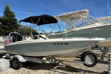 The Image of 2018 Boston Whaler 170 Super Sport boat on trailer, parked outdoors. - 1
