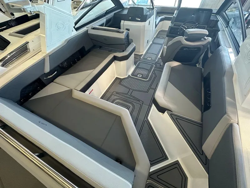 Slide: The Image of Interior of 2023 Cobalt R6 Surf boat with modern seating. - 13