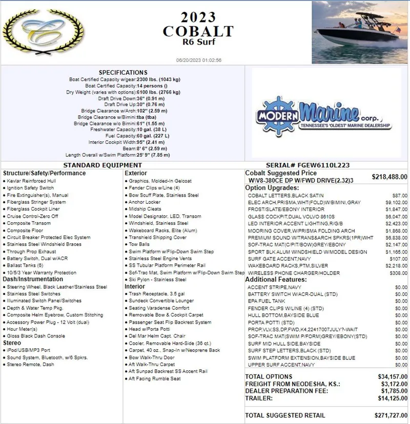 Slide: The Image of 2023 Cobalt R6 Surf boat specifications and pricing overview. - 15