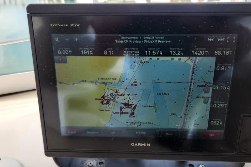 Slide: The Image of Garmin GPS display on 2005 Endeavour 44 TrawlerCat, showing navigation map and data. - 40
