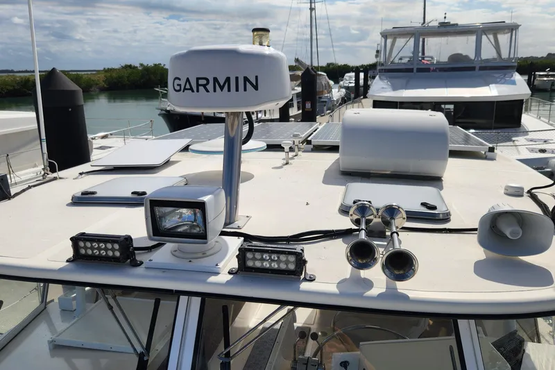 Slide: The Image of 2005 Endeavour 44 TrawlerCat boat deck with Garmin radar and solar panels. - 67