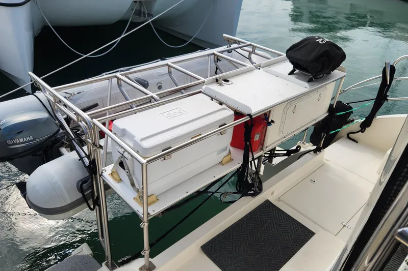 Slide: The Image of 2005 Endeavour 44 TrawlerCat with Yamaha outboard motor and storage rack on deck. - 72