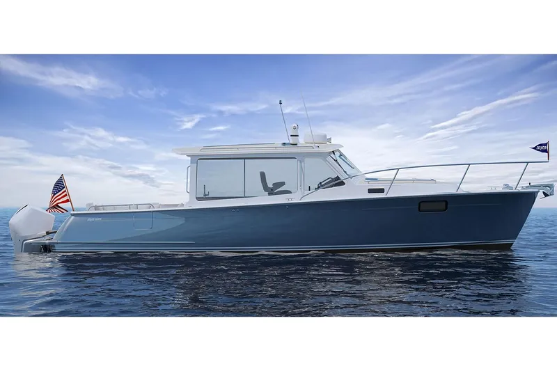 The Image of Manufacturer Provided Image: 2026 MJM 38R boat on calm water, featuring sleek design and American flag. - 0