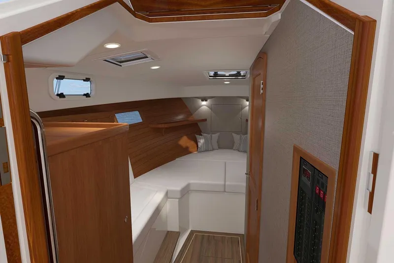 Slide: The Image of Manufacturer Provided Image: Luxurious interior of 2026 MJM 38R yacht with wood accents and cozy seating. - 7