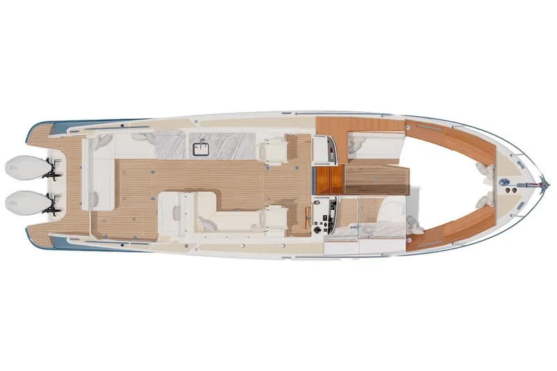 Slide: The Image of Manufacturer Provided Image: Top view of 2026 MJM 38R boat layout with twin engines and spacious deck. - 8