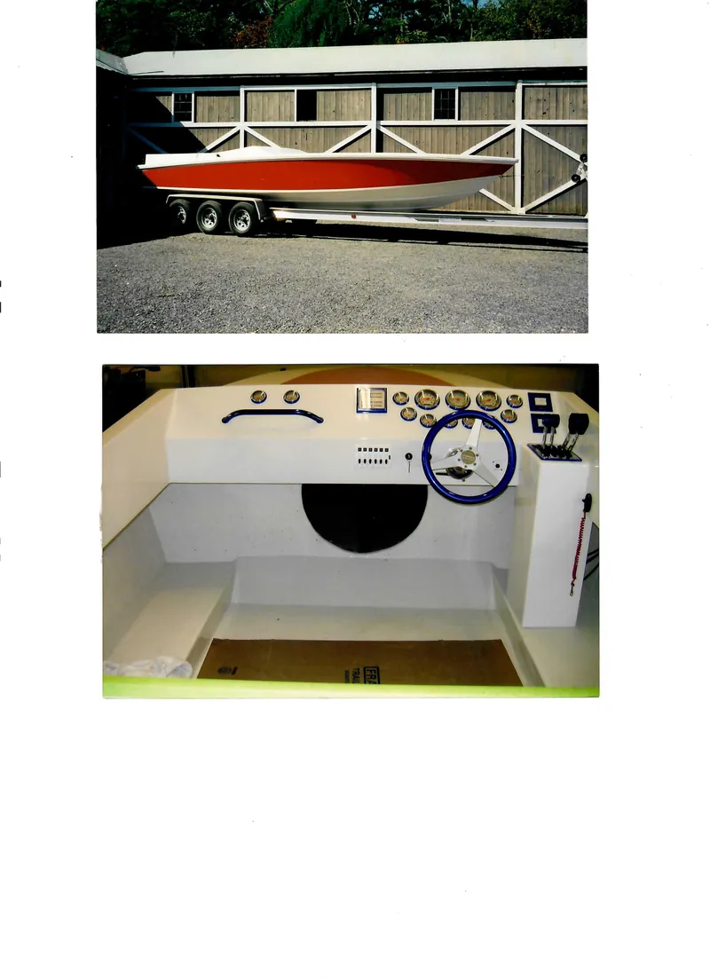 Slide: The Image of 1971 Magnum Sport boat with red hull and detailed cockpit interior. - 25