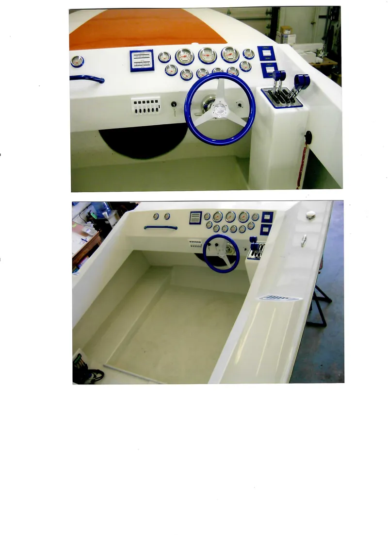 Slide: The Image of 1971 Magnum Sport boat dashboard and cockpit with blue steering wheel and gauges. - 26
