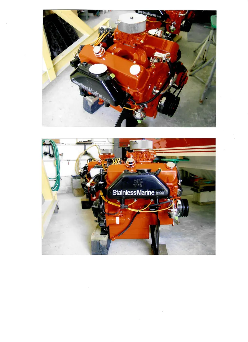 Slide: The Image of 1971 Magnum Sport engine, vibrant orange, with Stainless Marine components in a workshop setting. - 36