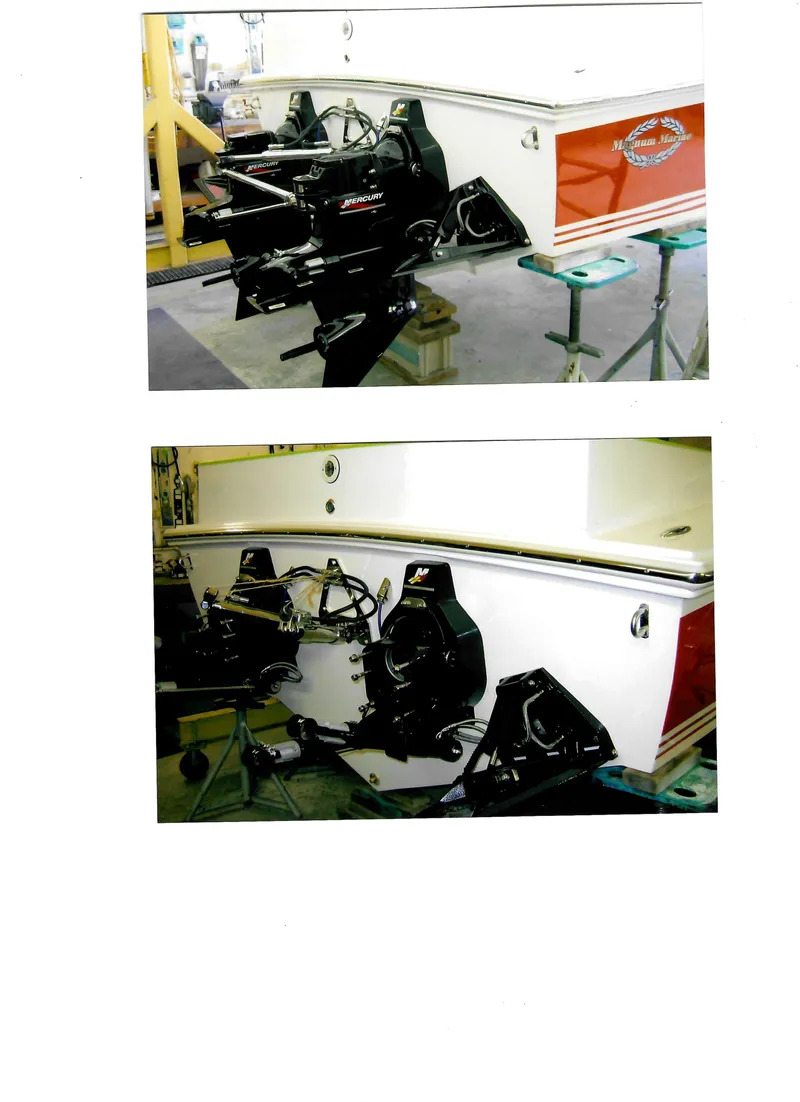 Slide: The Image of 1971 Magnum Sport boat engines in workshop, showcasing dual outboard motors. - 39