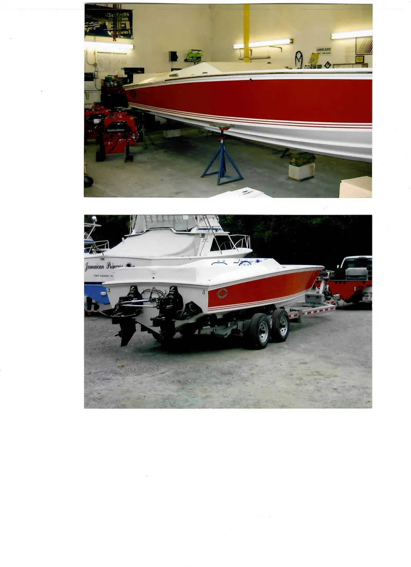 Slide: The Image of 1971 Magnum Sport boat, red and white, in workshop and on trailer. - 41