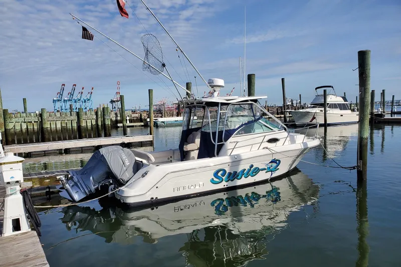 Slide: The Image of 2017 Robalo R265 Walkaround boat on trailer with Yamaha outboard motor. - 2