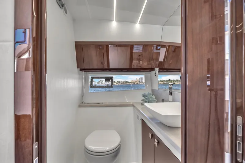 Slide: The Image of Luxurious bathroom interior of 2023 Galeon 425 HTS yacht with modern fixtures and ocean view. - 33