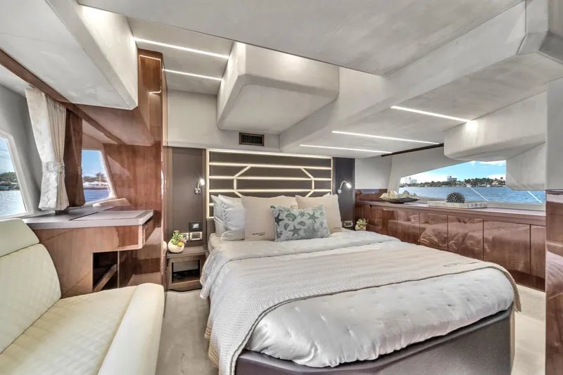 Slide: The Image of Luxurious bedroom interior of 2023 Galeon 425 HTS yacht with elegant design and waterfront view. - 36