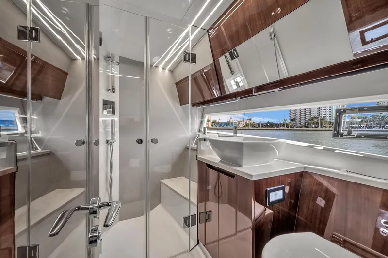 Slide: The Image of Luxurious bathroom interior of 2023 Galeon 425 HTS yacht with modern fixtures and waterfront view. - 39