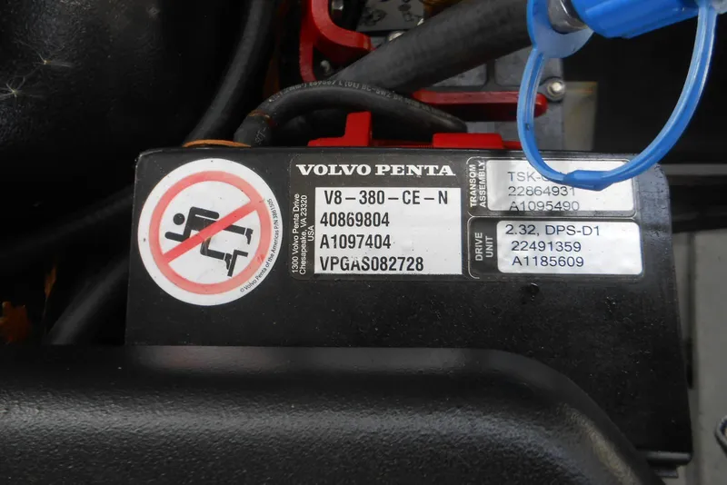 Slide: The Image of Volvo Penta engine label on 2020 Cobalt A36BR boat, featuring model and safety information. - 22