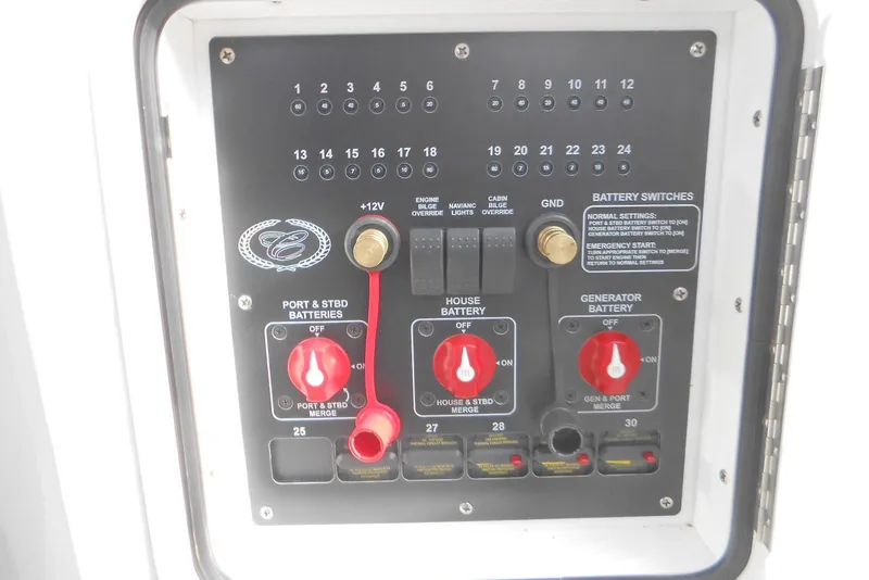 Slide: The Image of Control panel of a 2020 Cobalt A36BR boat with battery switches and indicators. - 33