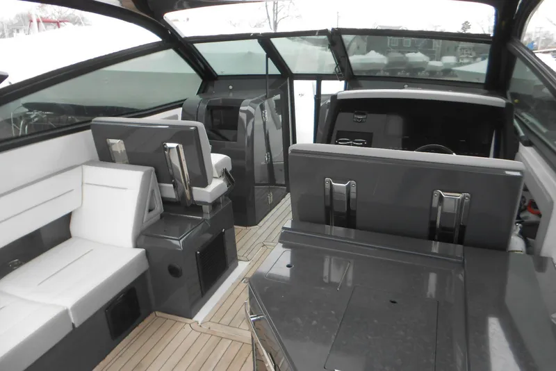 Slide: The Image of Interior of 2020 Cobalt A36BR boat with modern seating and sleek design. - 45