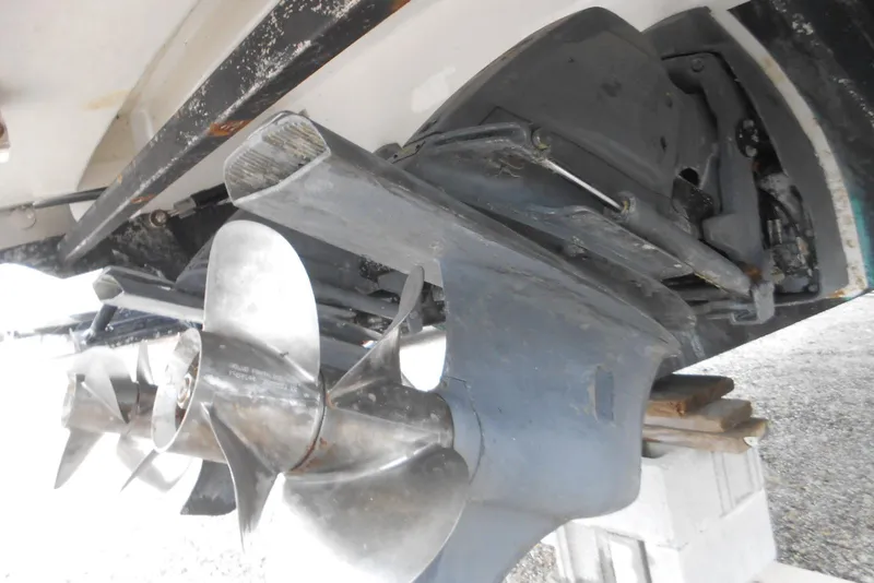 Slide: The Image of 2020 Cobalt A36BR boat propeller and stern drive close-up. - 58