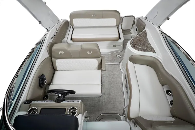 Slide: The Image of Manufacturer Provided Image: 2026 Crownline 270 CR boat interior with beige and white seating, modern design. - 6