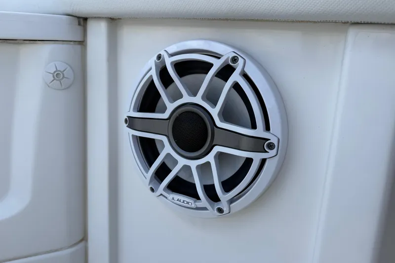 Slide: The Image of White JL Audio speaker on 2018 HCB 39 Speciale boat interior panel. - 6