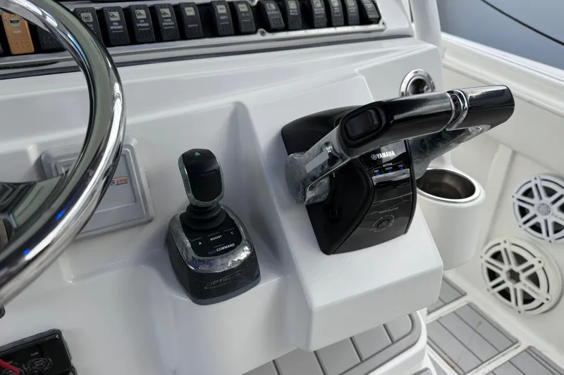 Slide: The Image of Control panel of 2018 HCB 39 Speciale boat with Yamaha throttle and joystick. - 8