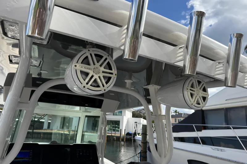Slide: The Image of 2018 HCB 39 Speciale boat with JL Audio speakers and rod holders. - 9
