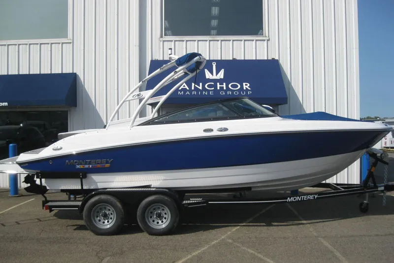 The Image of 2024 Monterey M-22 boat on trailer, blue and white design, side view. - 0
