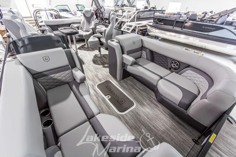 Slide: The Image of Luxurious interior of 2026 Godfrey Monaco 235 QSB pontoon boat at Lakeside Marina. - 13