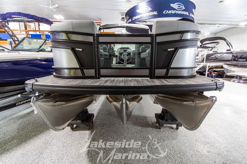Slide: The Image of 2026 Godfrey Monaco 235 QSB pontoon boat displayed at Lakeside Marina showroom. - 8