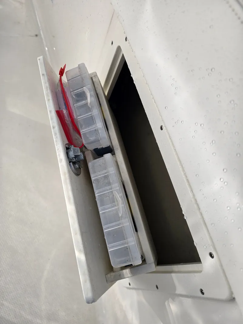 Slide: The Image of Robalo R272 Center Console 2022, storage compartment with boxes. - 18