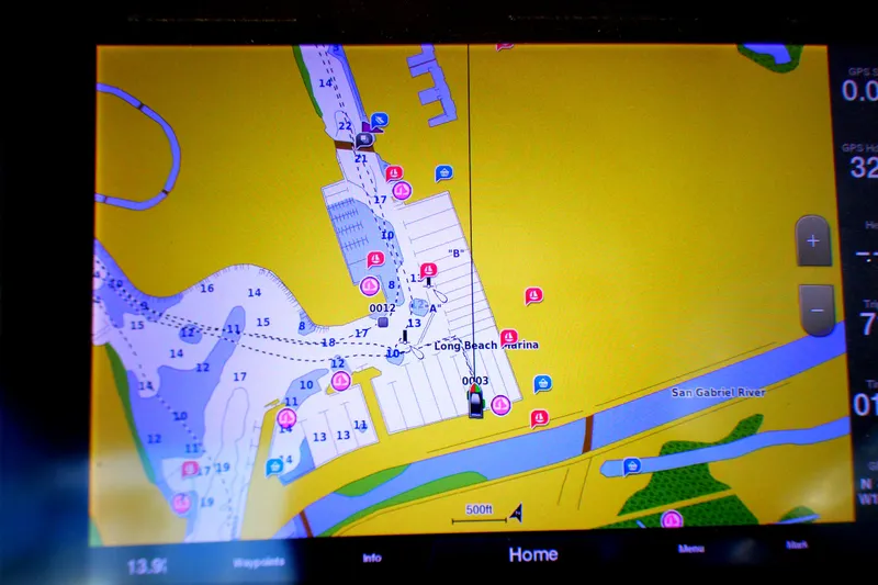 Slide: The Image of Navigation screen displaying Long Beach Marina map on a 2003 Formula 37 PC boat. - 42