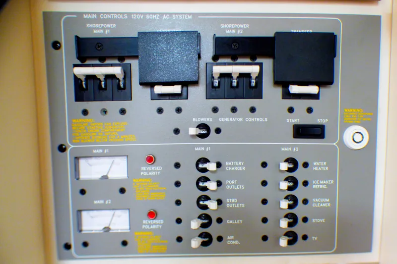 Slide: The Image of Control panel of a 2003 Formula 37 PC boat, featuring various switches and indicators. - 56