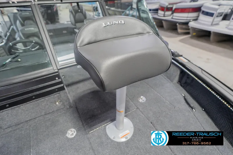 Slide: The Image of Lund 1975 Pro-V Sport 2026 boat seat, gray upholstery, showroom display. - 48